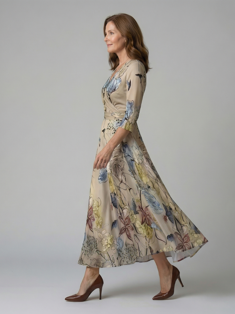 Floral V-Neck Wrap Three Quarter Sleeve Satin Maxi Dress