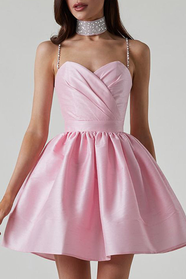 Rhinestone Spaghetti Strap Sweetheart Pleated Fit and Flare Mini Dress