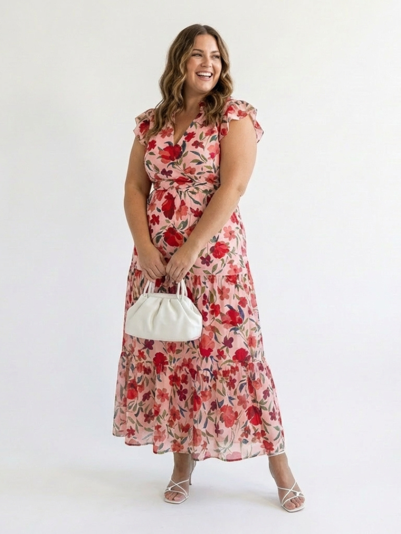 Floral Flutter Sleeve Split Neck Tiered Maxi Dress