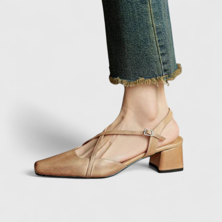 Square Toe Slingback Cross Strap Block Heel Pumps