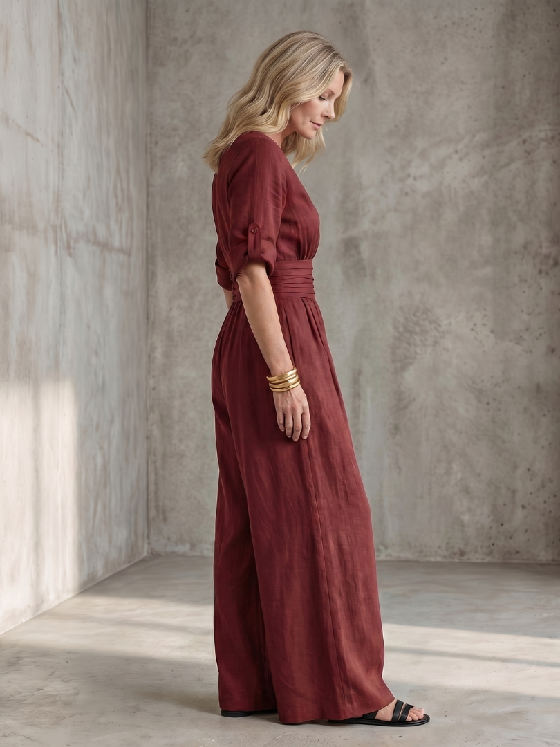 V-Neck Wrap Front Half Sleeve Wide Leg Jumpsuit