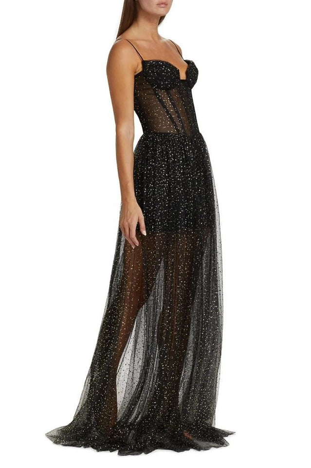 Glitter Tulle Sheer Corset Bodice Spaghetti Strap Maxi Gown 7