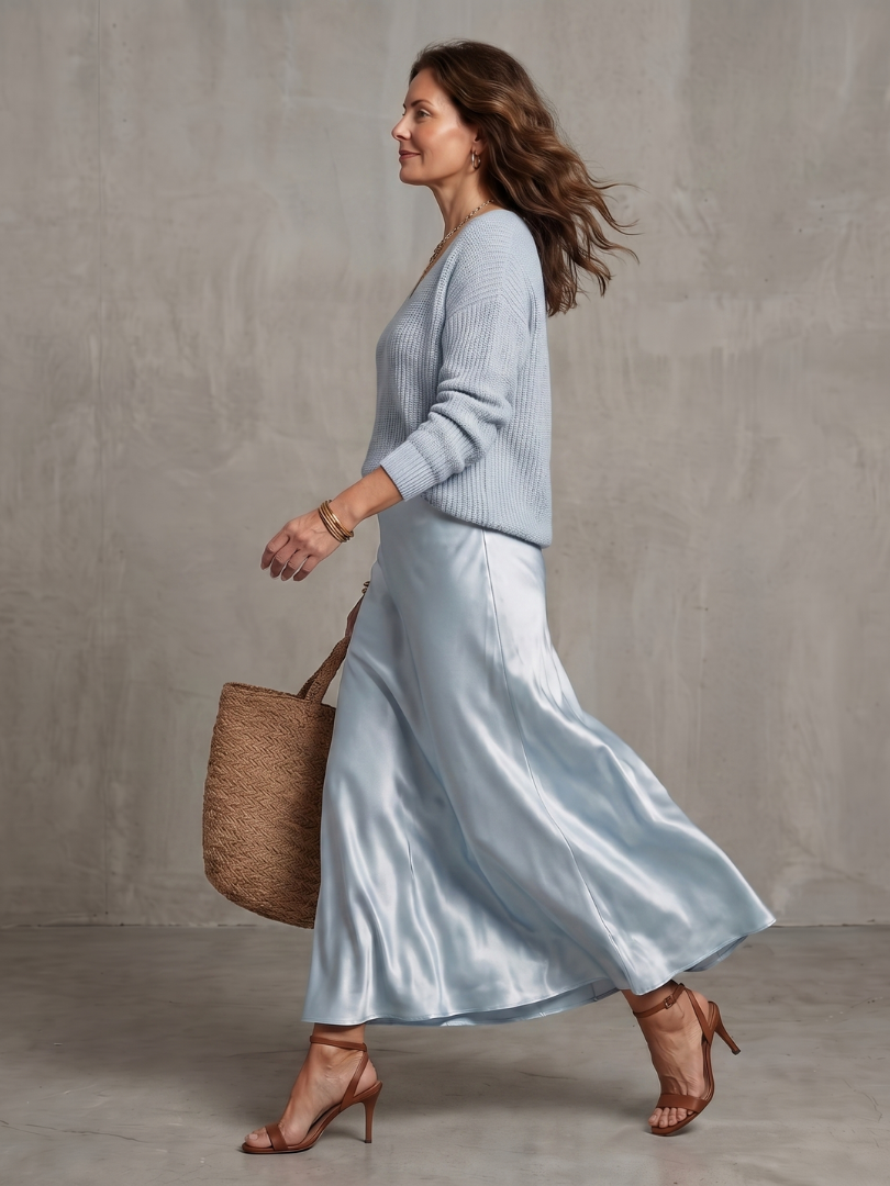 V-Neck Knit Sweater and Satin Slip Maxi Skirt Two Piece Set