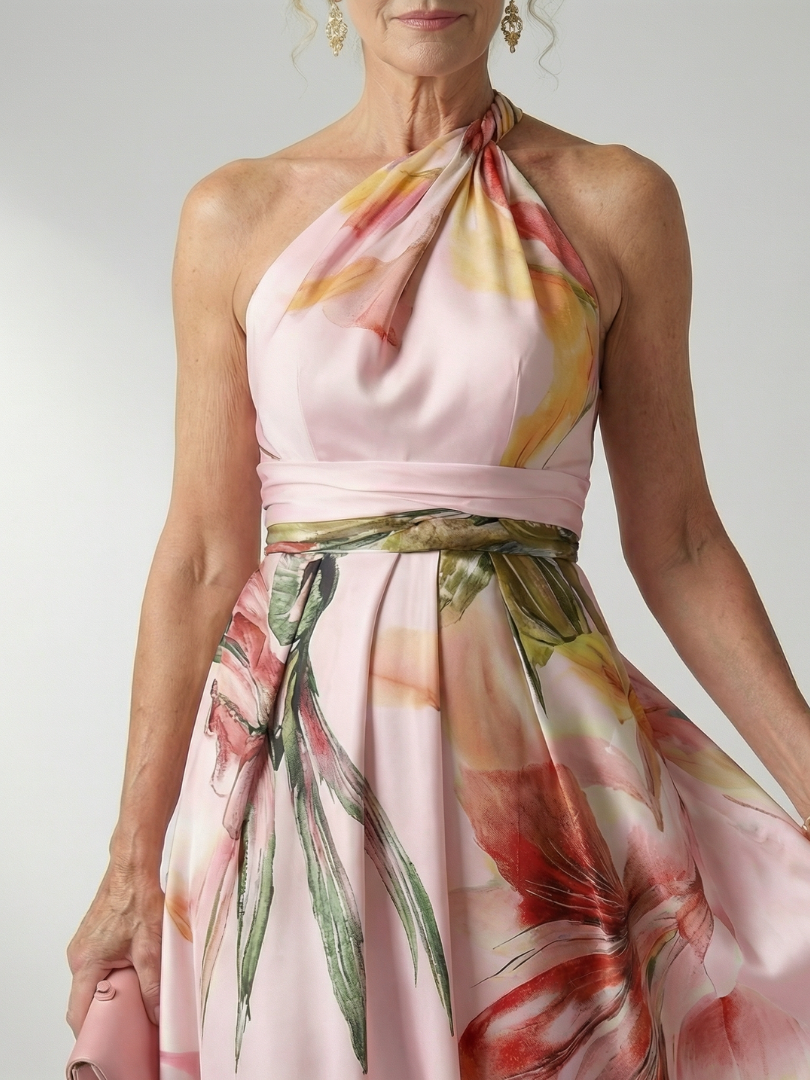Floral Halter Neck One Shoulder Satin Maxi Dress