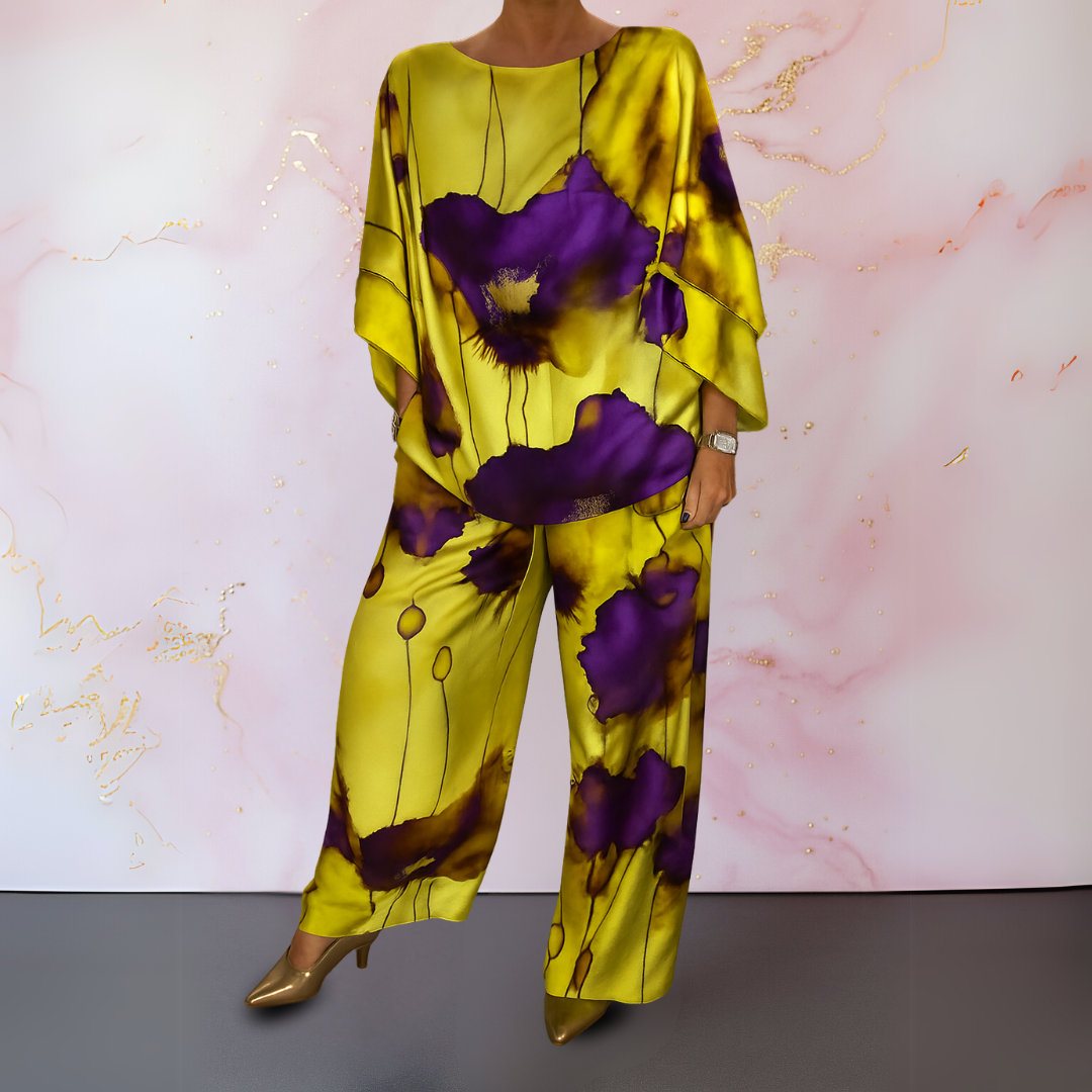 Watercolor Floral Batwing Top and Wide Leg Pants Two Piece Set
