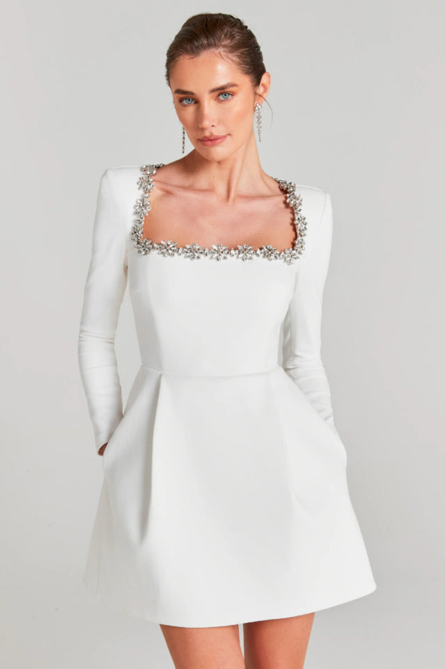 Rhinestone Trim Square Neck Long Sleeve Pleated Pocket Mini Dress