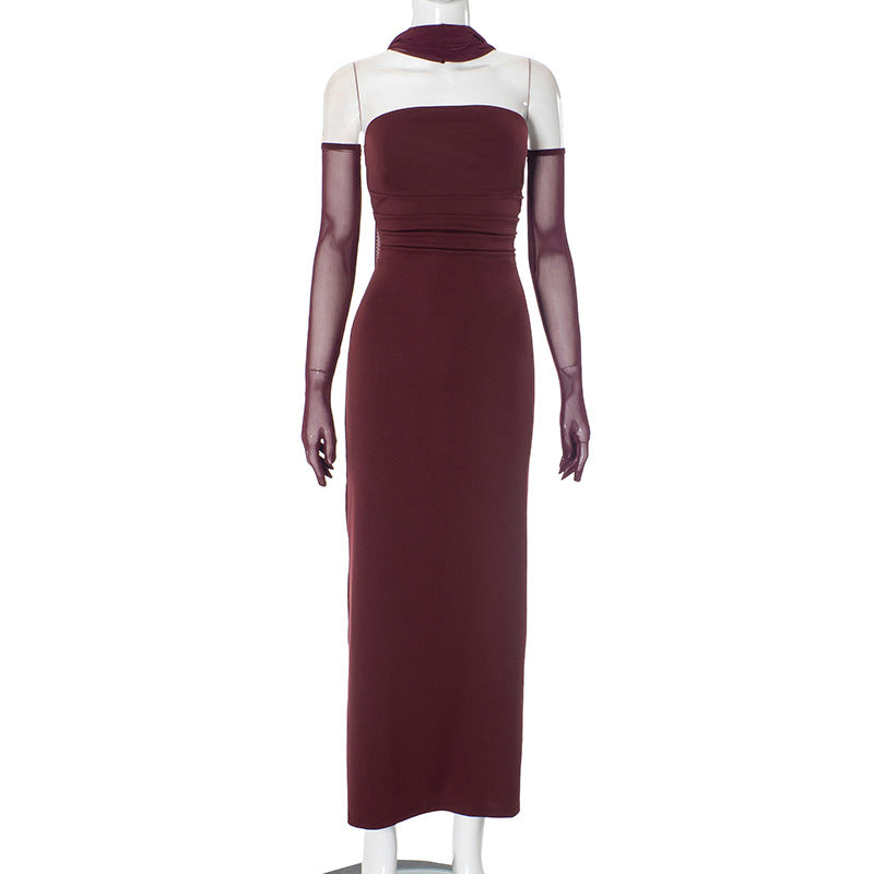 Hudson Maxi Dress With Stole And Gloves - Maroon