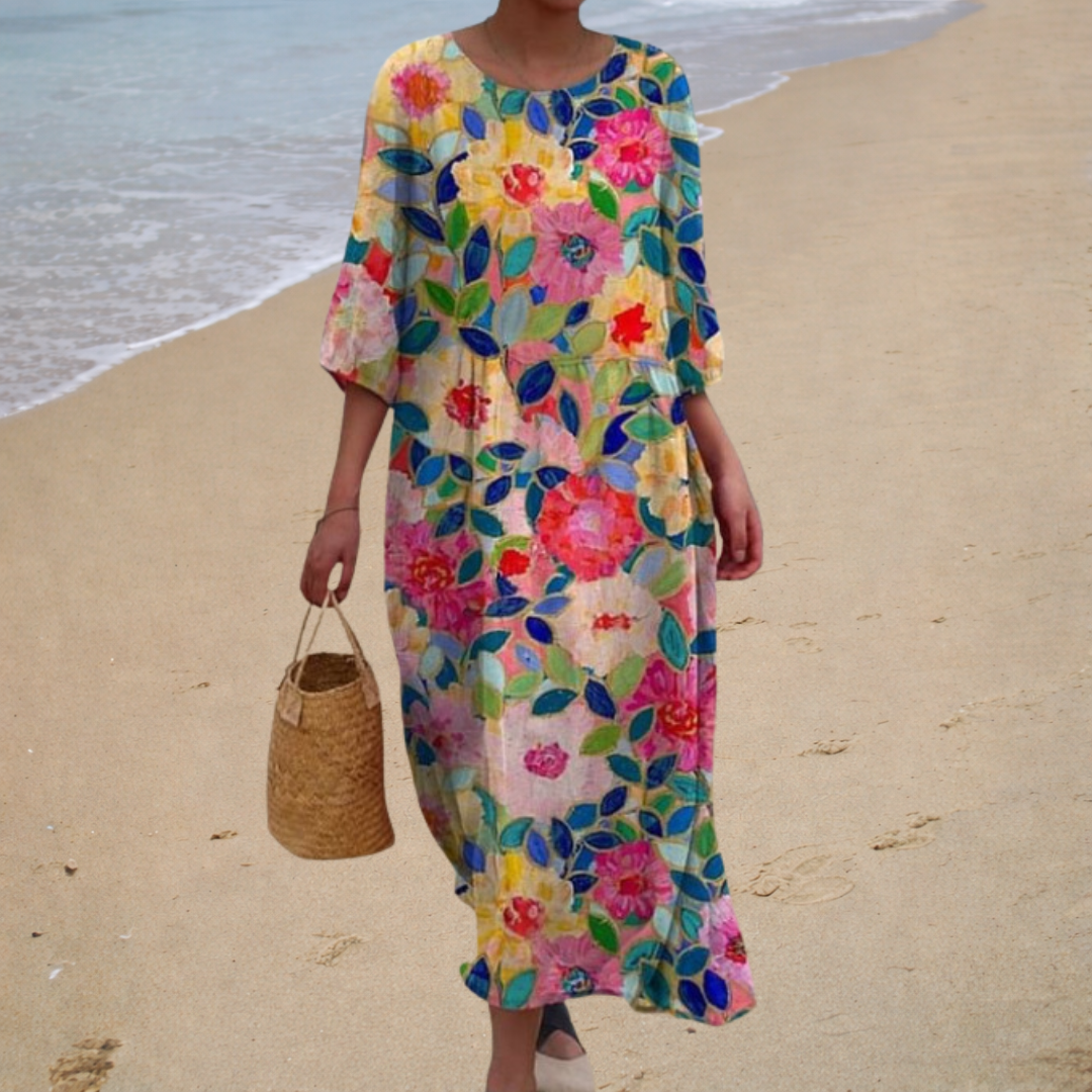 Floral Print Round Neck Short Sleeve Oversized Maxi Dress Summer