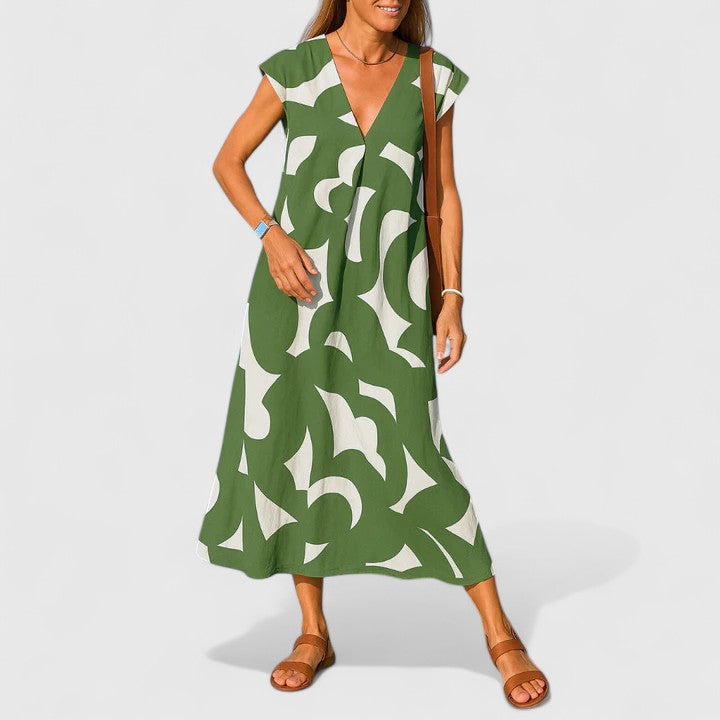 Abstract Print V-Neck Cap Sleeve Maxi Dress