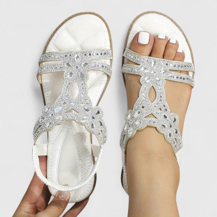 Open Toe Rhinestone Elastic Ankle Flat Sandals 7