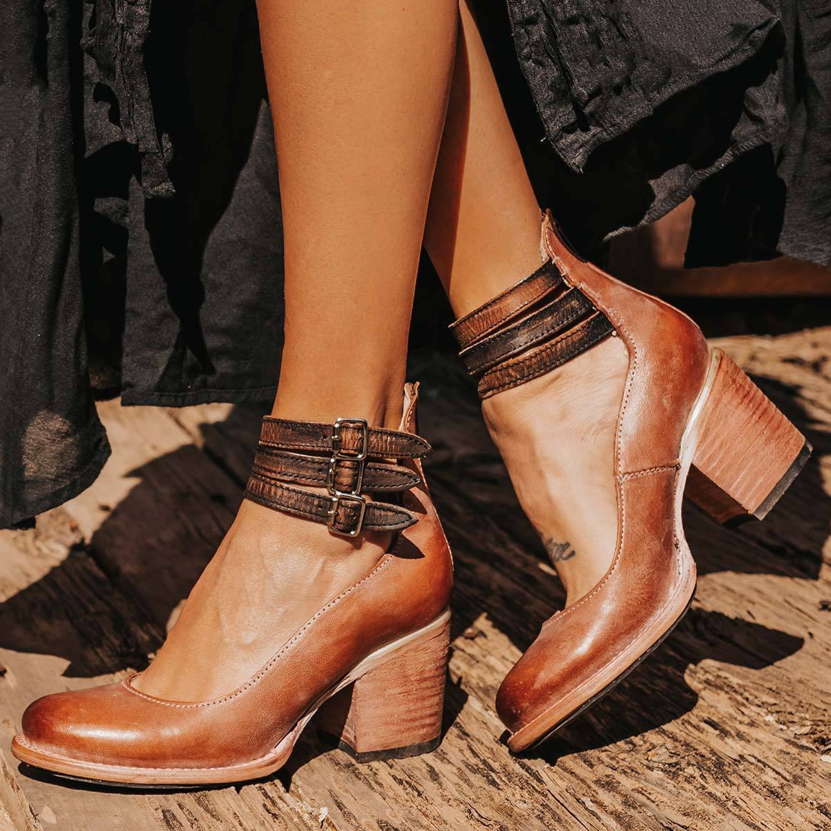 Round Toe Double Buckle Ankle Strap Block Heel Pumps