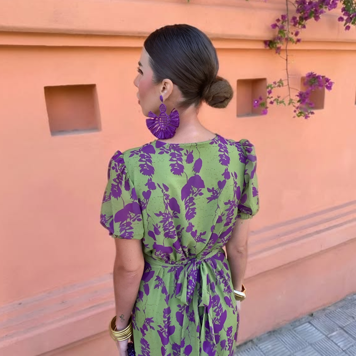 Floral Print V-Neck Puff Sleeve Wrap Midi Dress