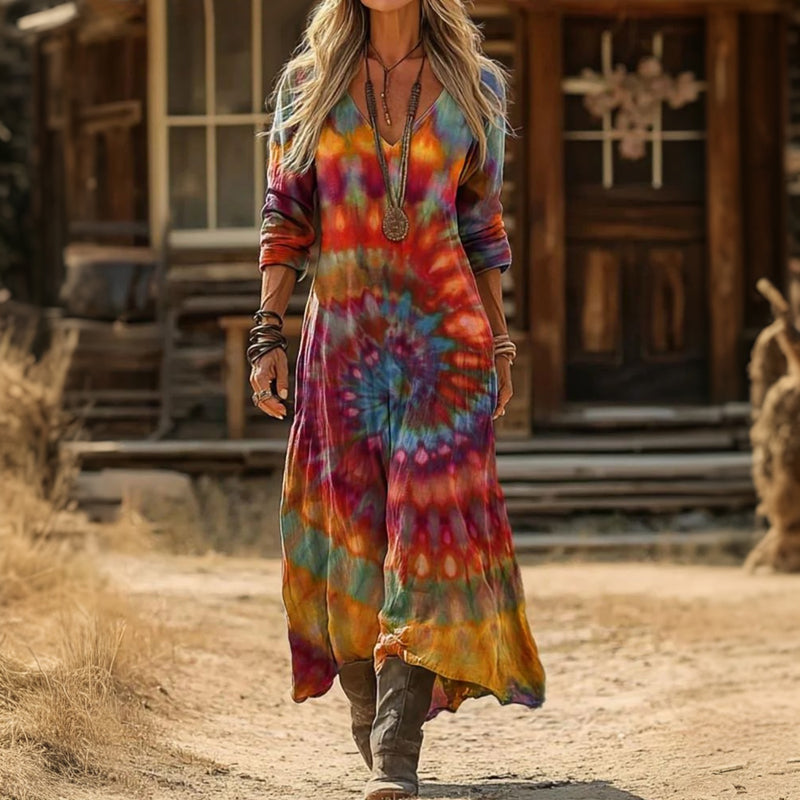 Tie Dye Spiral V-Neck Long Sleeve Boho Maxi Dress
