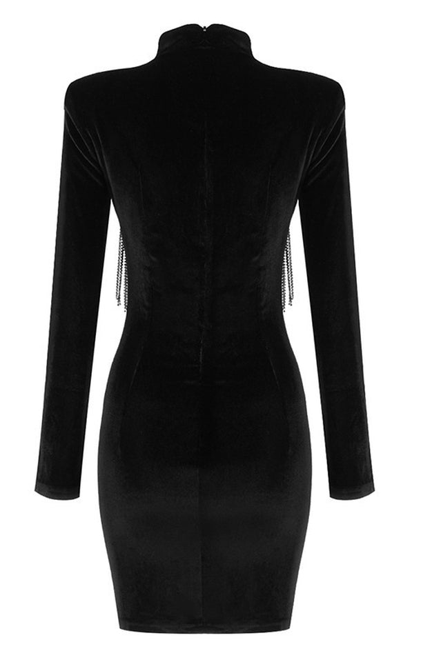 Velvet Mock Neck Long Sleeve Rhinestone Fringe Bodycon Mini Dress 13