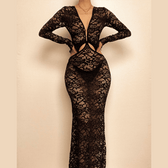 Lace gloves long sleeve button hollow out midi dress