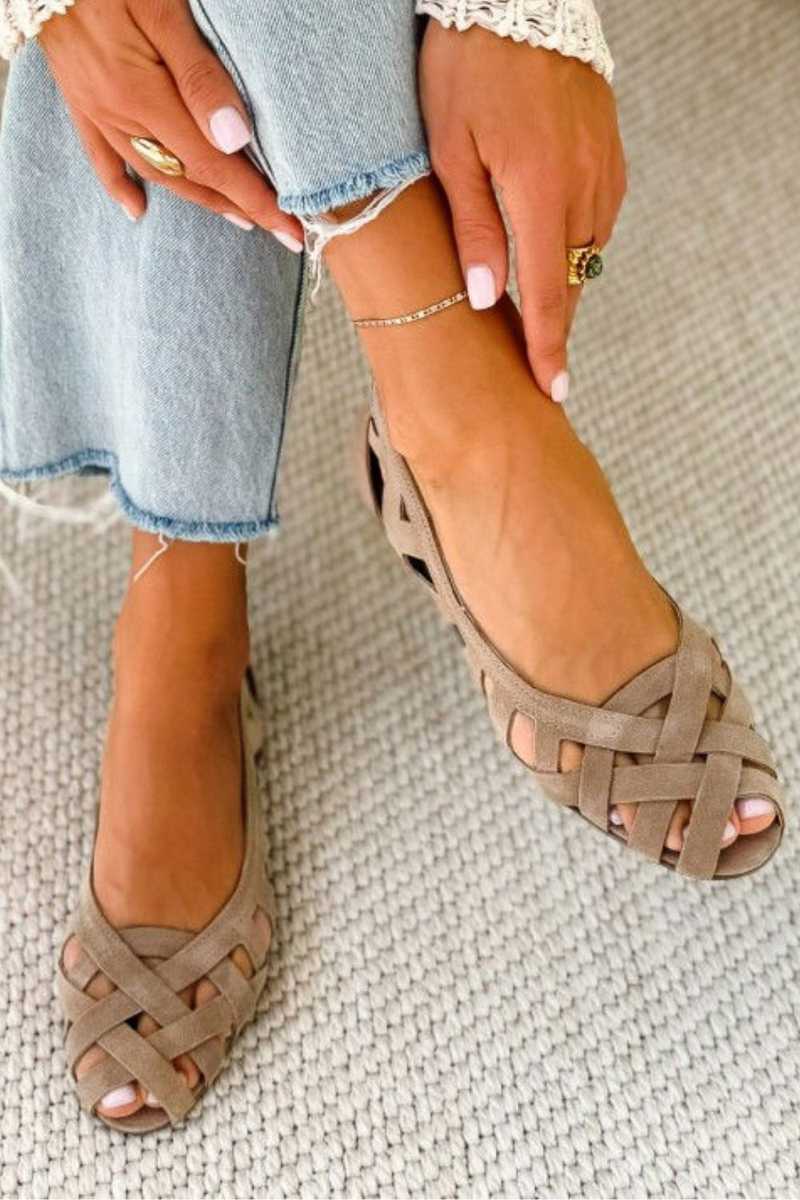 Woven Strap Peep Toe Suede Ballet Flats