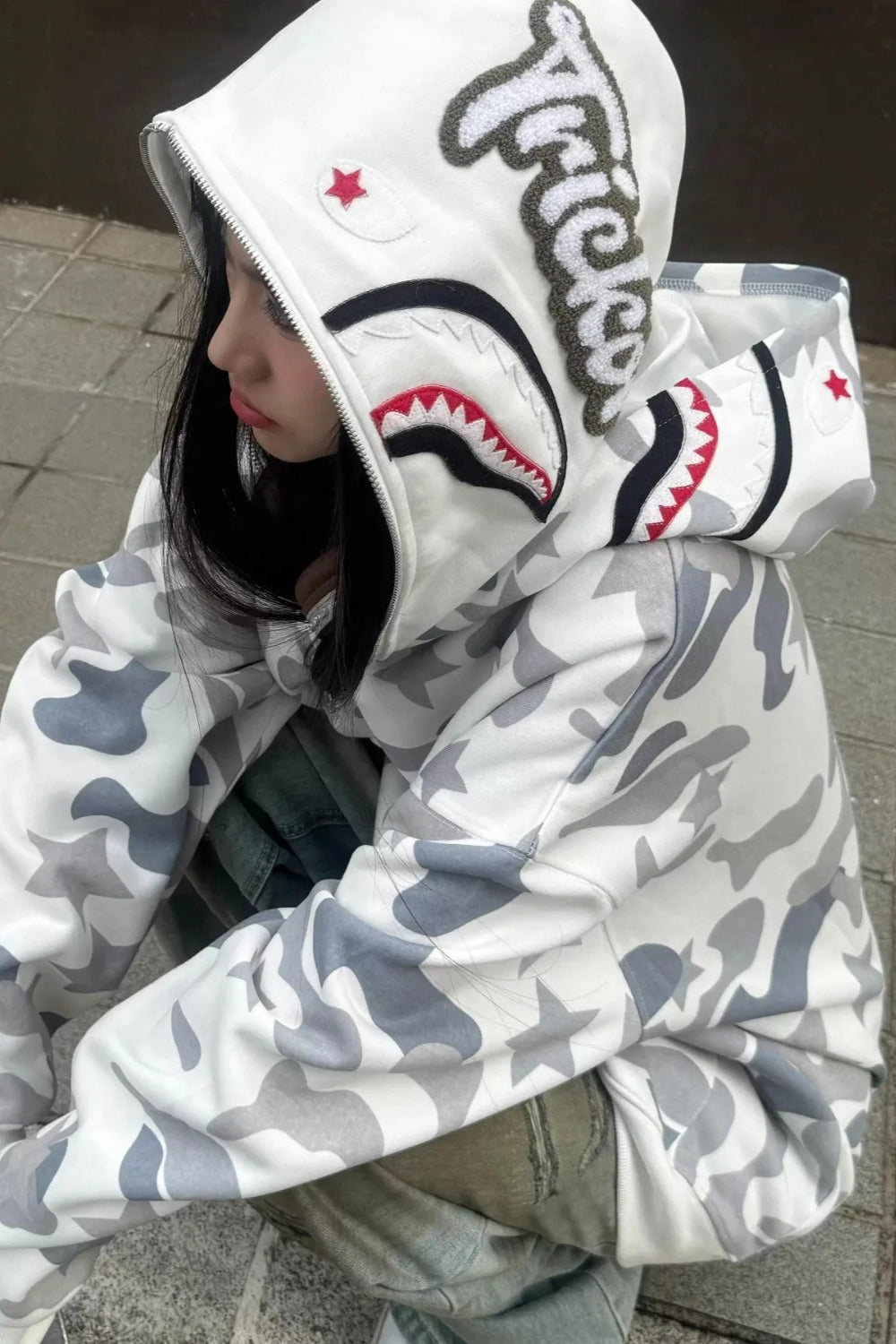 Double Hood Camo Embroidered Hoodie