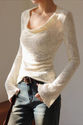 Retro Draped Cowl Neck Long Sleeve Top