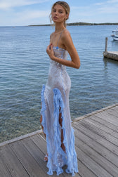 Sheer Sequin Ruffle 3D Floral Fringe Slip Dress