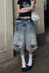 Relaxed Fit Raw Hem Denim Shorts