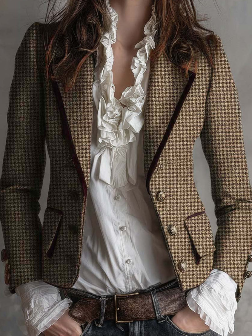 Houndstooth Tweed Contrast Trim Blazer