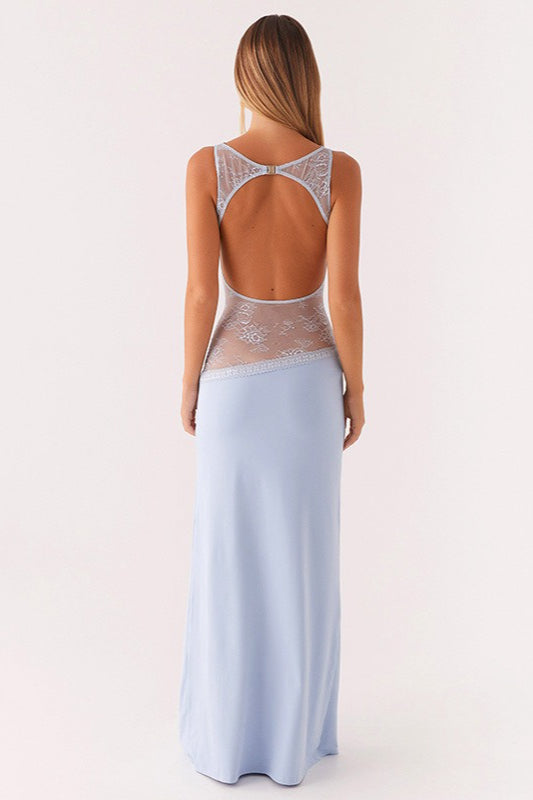 Backless Lace Sheer Mesh Satin Dress