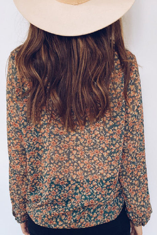 Print Button Long Sleeve Blouse