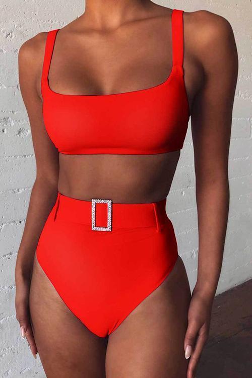 Solid High Waist Bikini Set With Belt