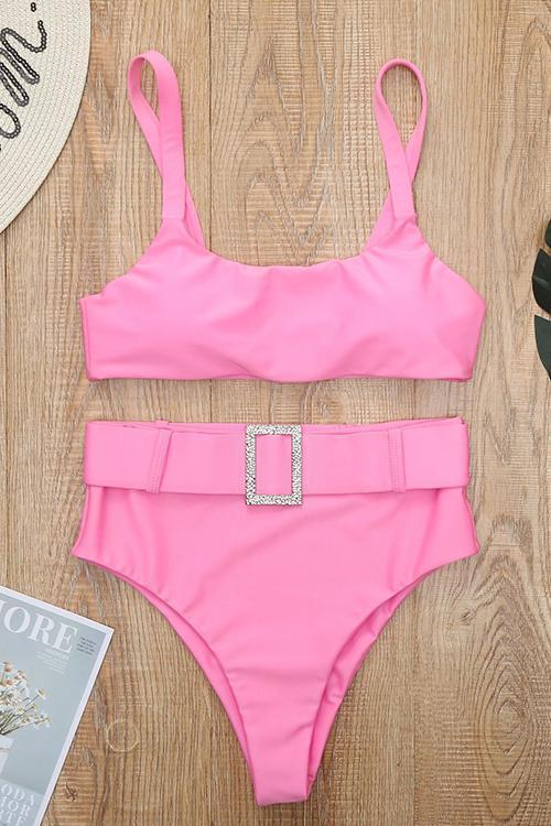 Solid High Waist Bikini Set With Belt
