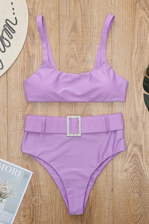 Solid High Waist Bikini Set With Belt