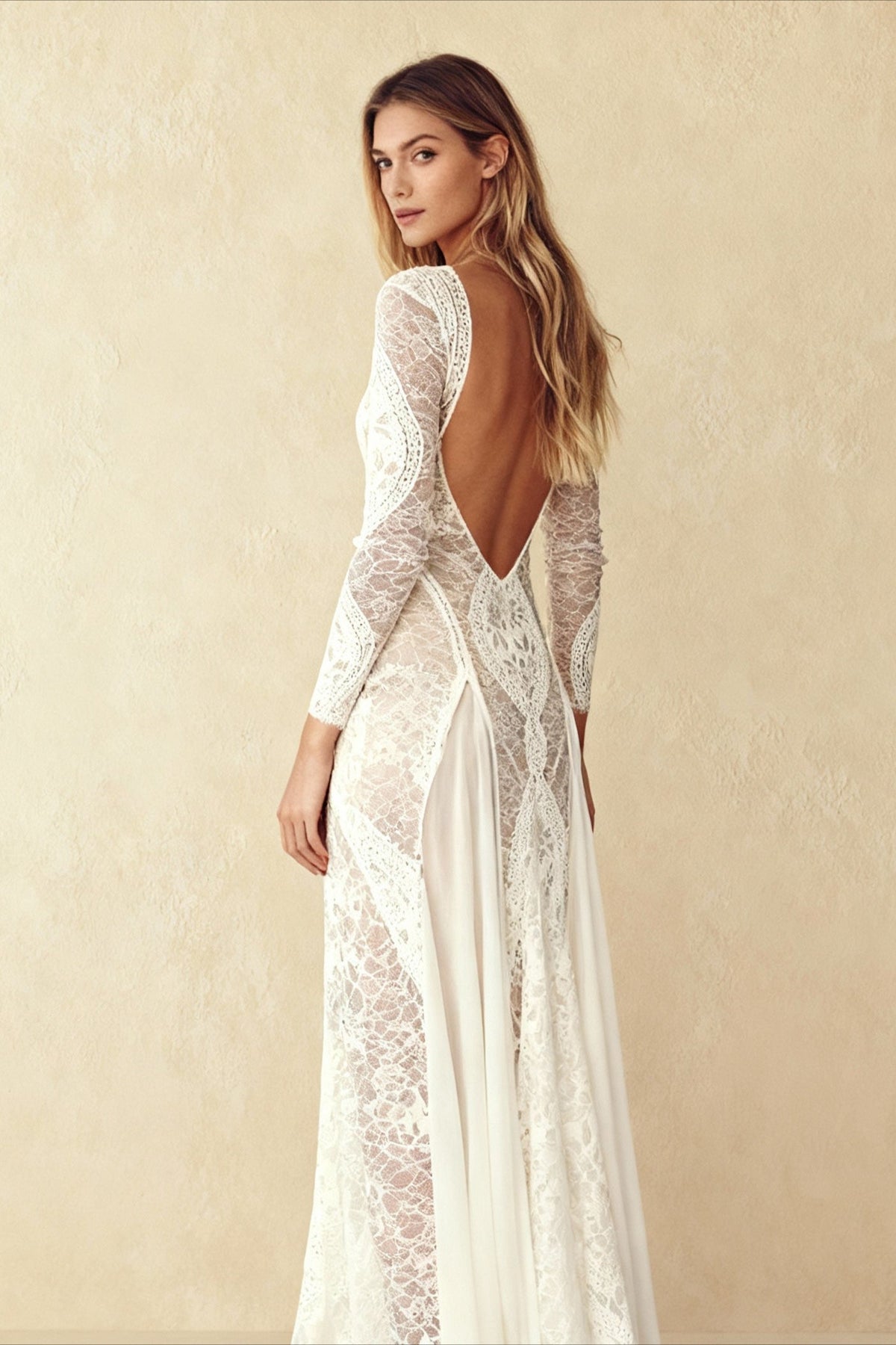 Lace Round Neck Long Sleeve High Split Maxi Wedding Dress 2