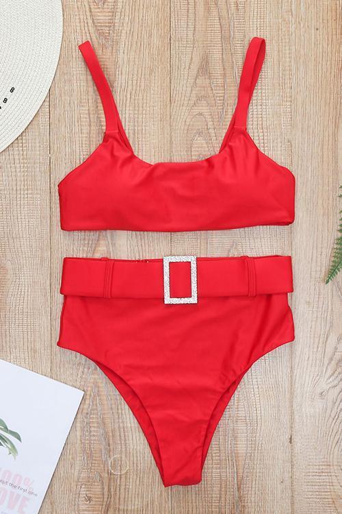 Solid High Waist Bikini Set With Belt