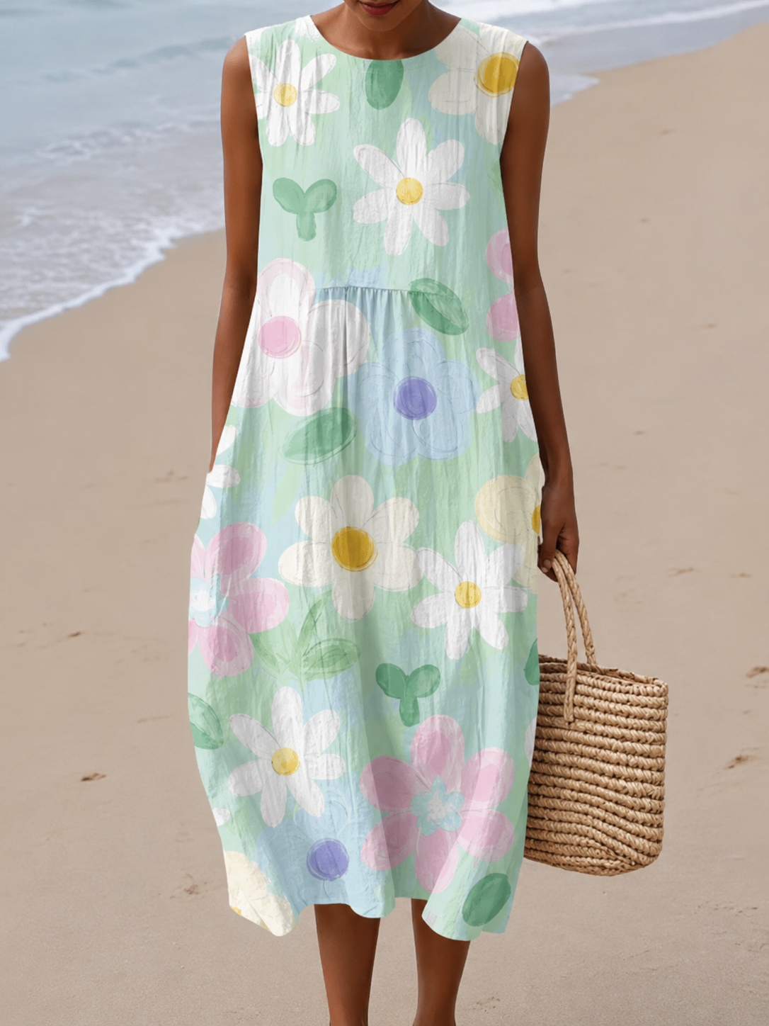 Floral Print Sleeveless Pocket Midi Dress