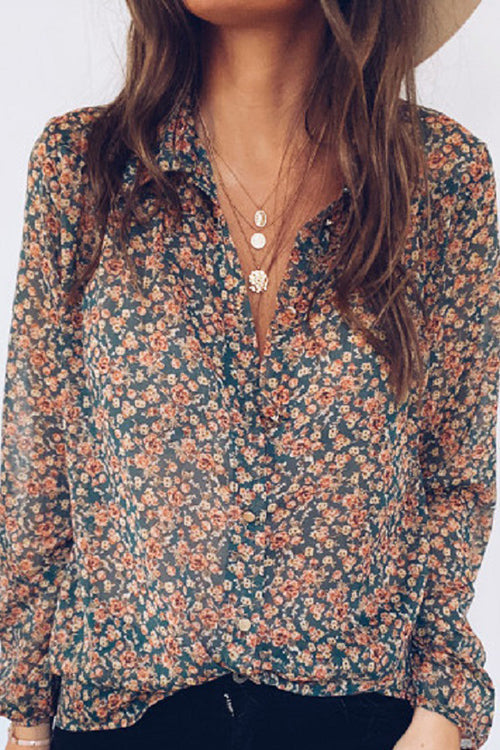 Print Button Long Sleeve Blouse