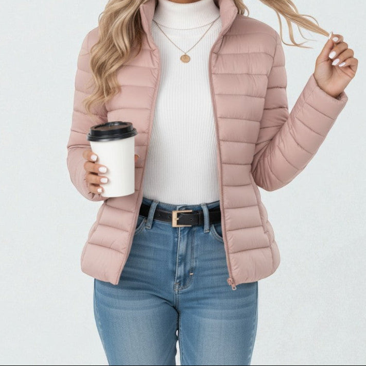 Stand Collar Zip Front Lightweight Quilted Puffer Jacket