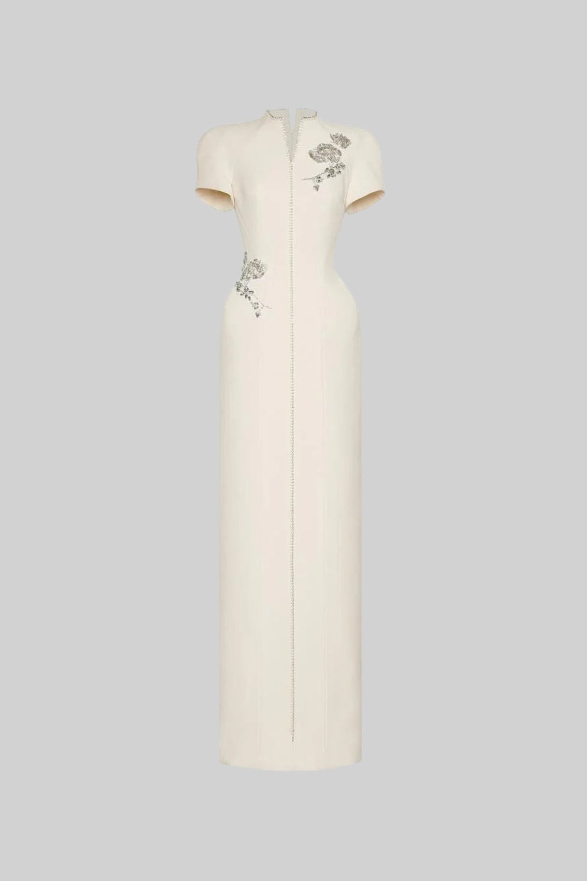 Mandarin Collar Puff Shoulder Short Sleeve Beaded Applique Midi Dress 8