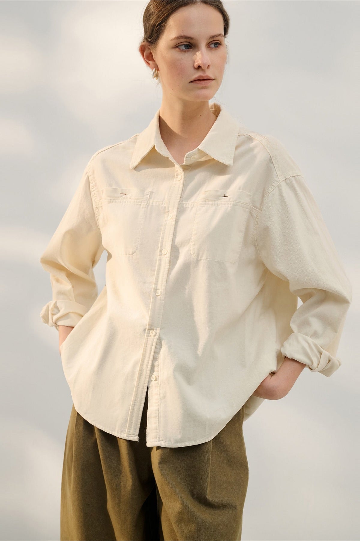 Collared Long Sleeve Twin Chest Pocket Oversized Button Front Shirt