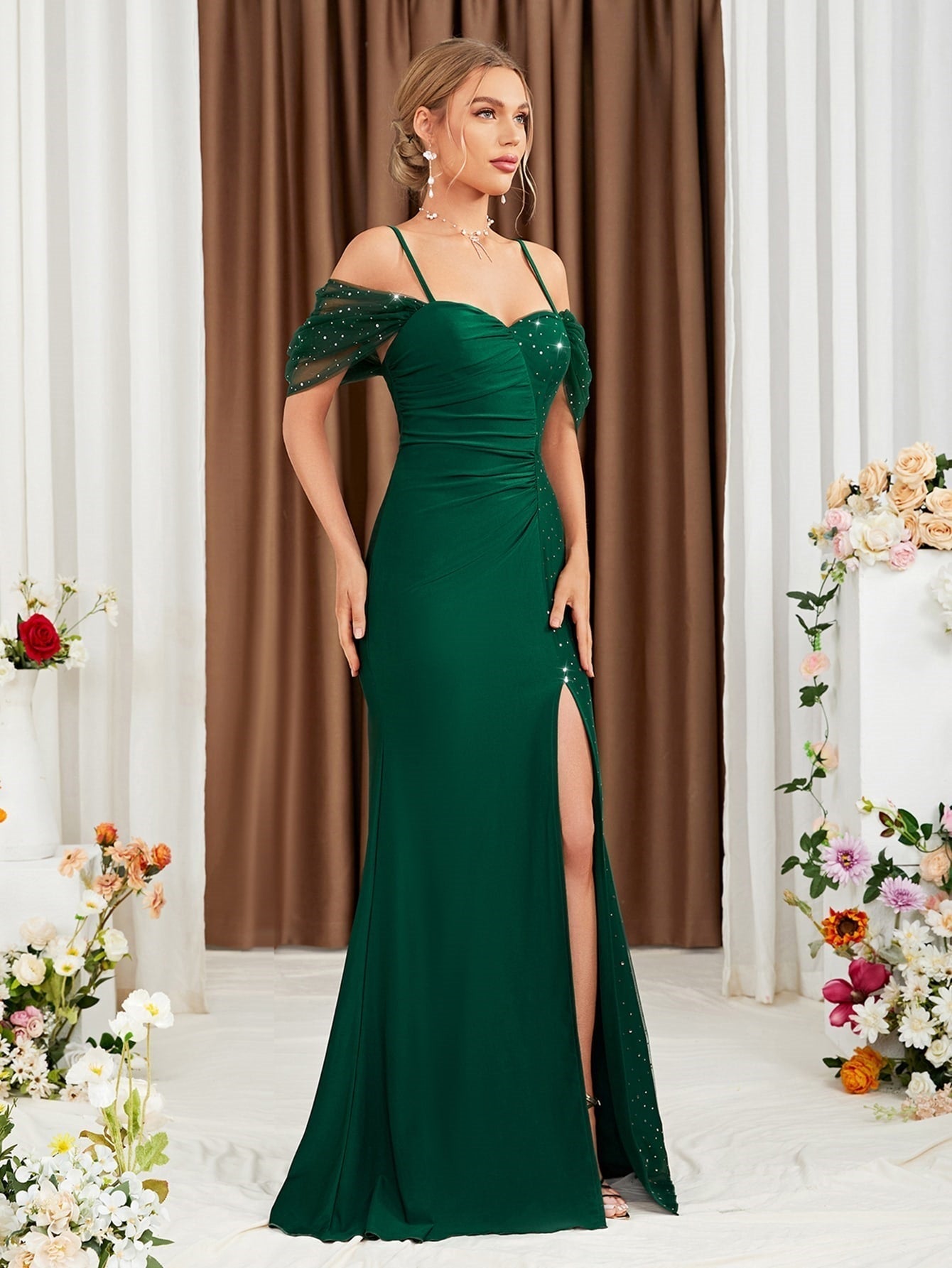 Off Shoulder Spaghetti Straps Evening Dress Slit Slim Fit Fishtail Gown Annual Meeting Performance Host Formal Dress