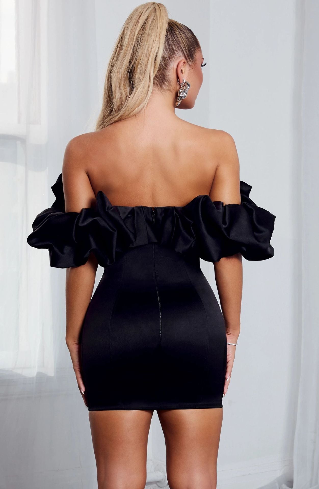Zari Satin Ruffles Off Shoulder Mini Dress  - Black 9