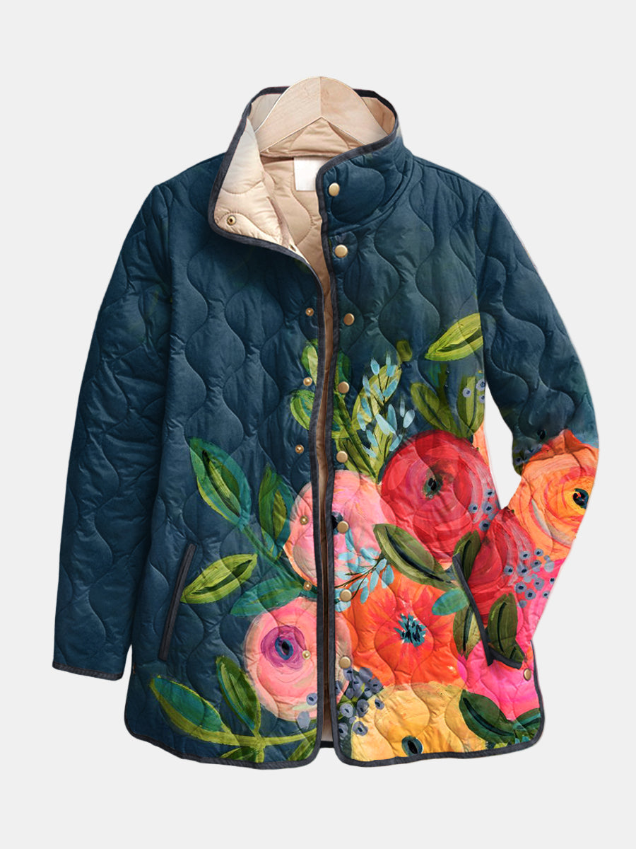 Floral Print Stand Collar Snap Front Quilted Jacket