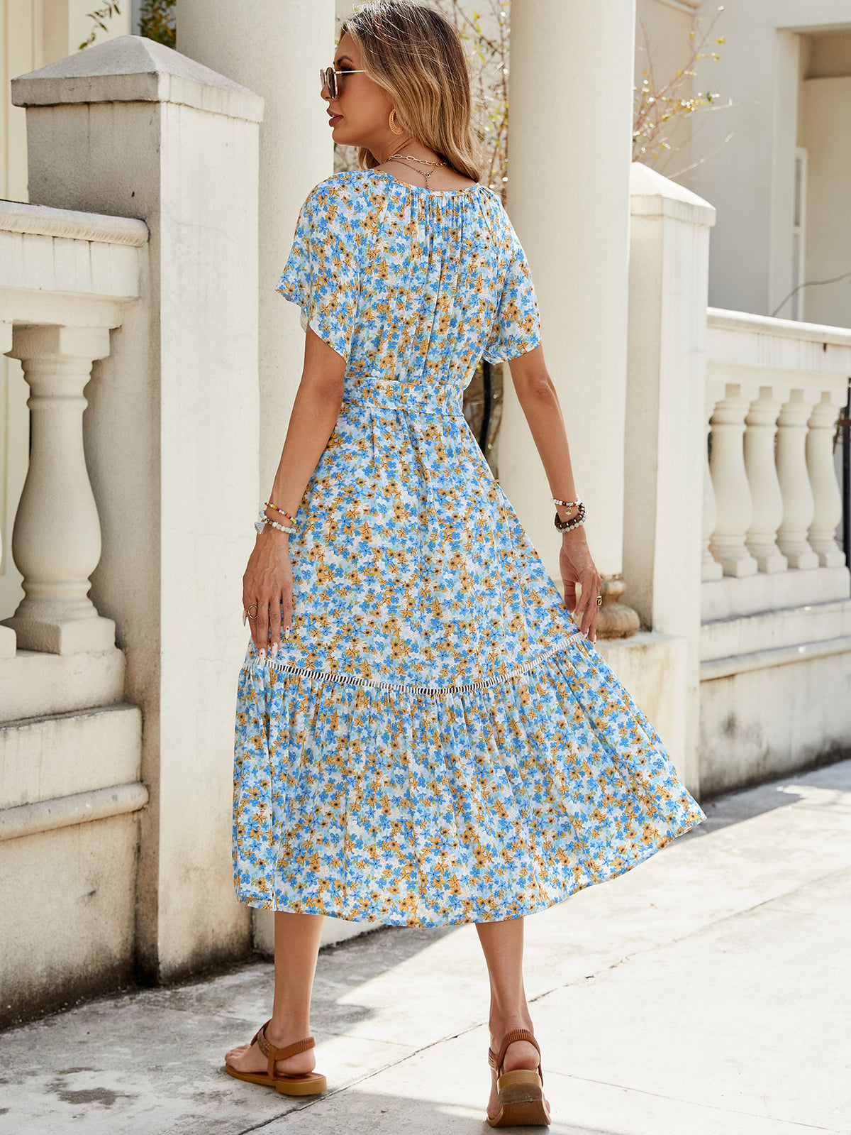 Ditsy Floral Print Tassel Tie Neck Short Sleeve Belted Tiered Midi Dress 4