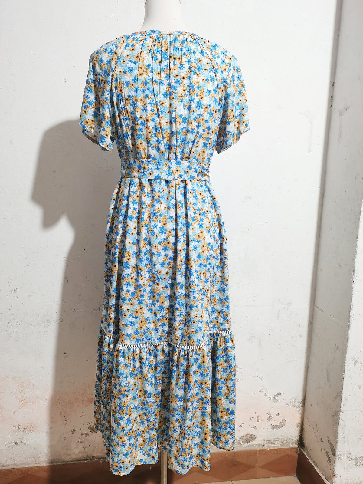 Ditsy Floral Print Tassel Tie Neck Short Sleeve Belted Tiered Midi Dress 8