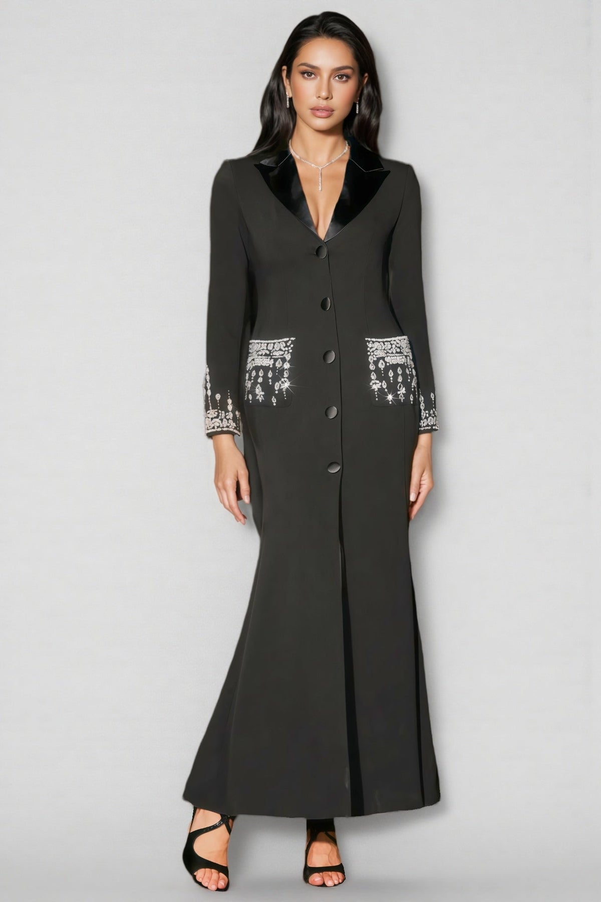 Satin Lapel Deep V-Neck Long Sleeve Rhinestone Pocket Button Front Blazer Maxi Dress