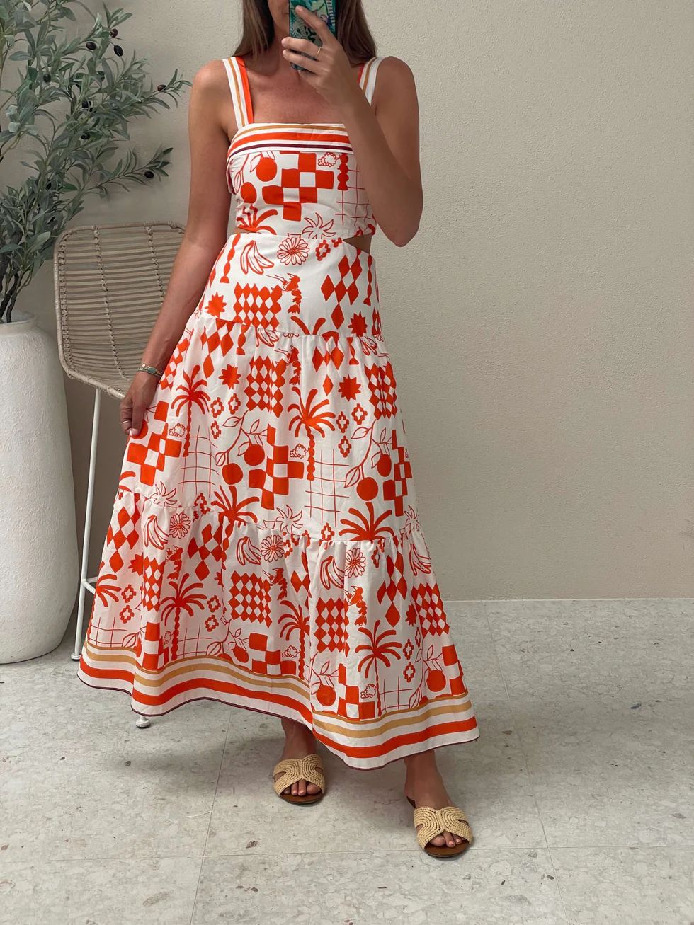 Geometric Print Square Neck Side Cut Out Tiered Maxi Dress 4