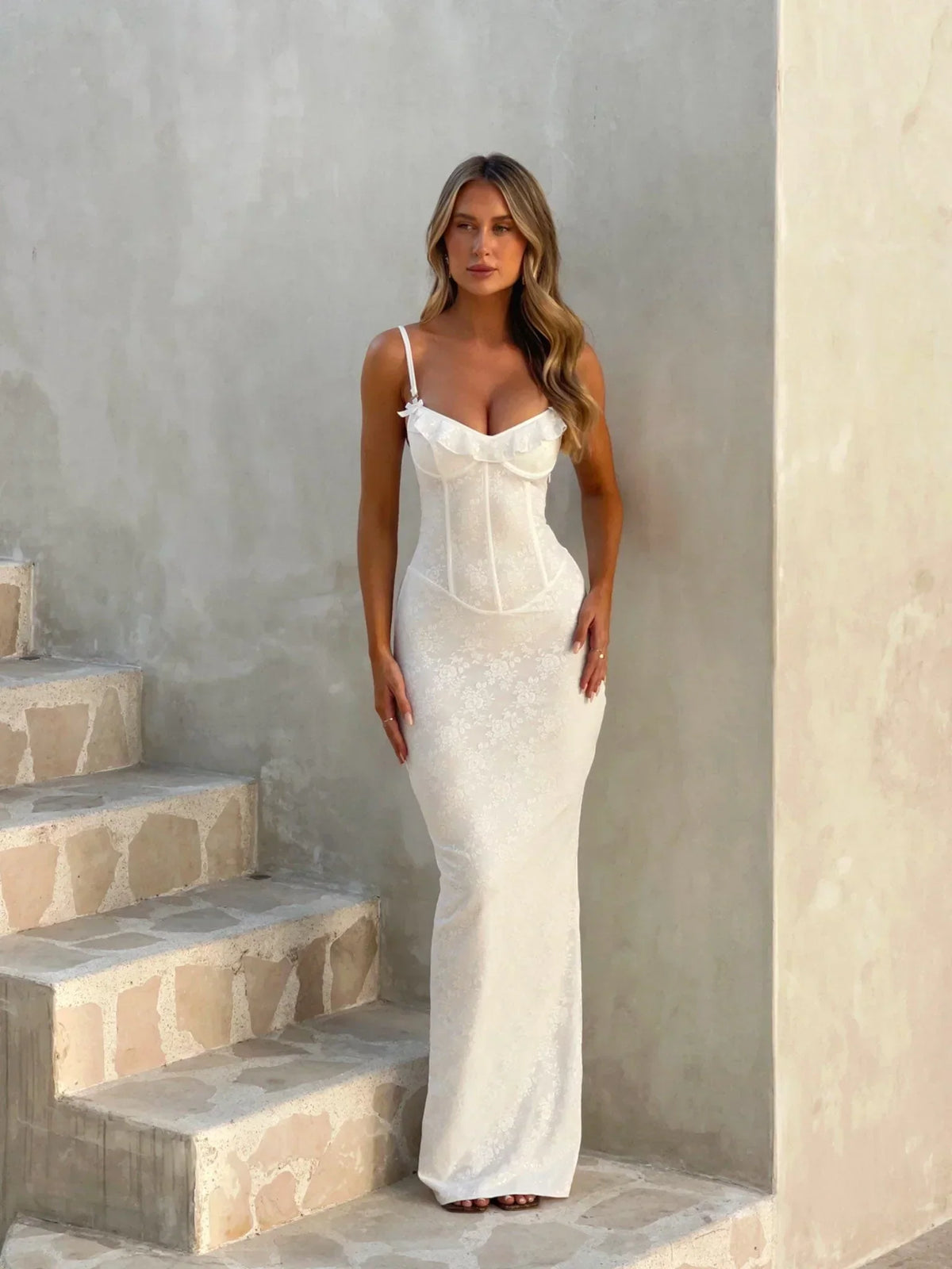Jacquard Ruffle Sweetheart Spaghetti Strap Corset Bodycon Maxi Dress