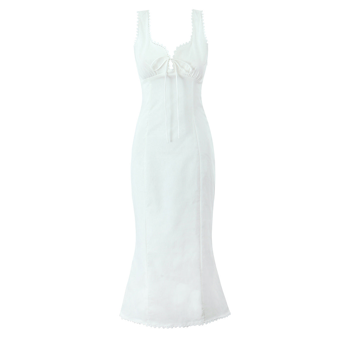 Sweetheart Picot Trim Tie Front Sleeveless Mermaid Midi Dress 9