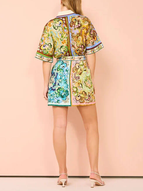 Retro Floral Print Collared Short Sleeve Belted Mini Shirt Dress 3