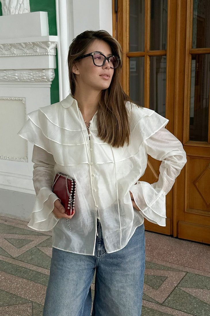 Sheer Organza Tiered Ruffle Shoulder Button Front Flare Cuff Blouse