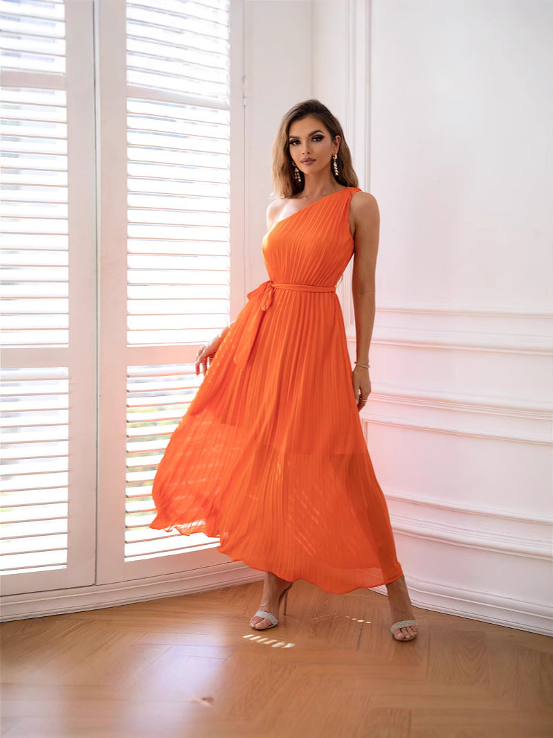 Pleated Chiffon One Shoulder Sleeveless Belted A-Line Maxi Dress 2