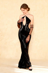 European Style Halter Backless Sequin Cutout Party Dress
